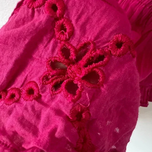 Karina Grimaldi Sz XS Carol Pink Mini Dress Eyelet Puff Sleeves 100% Cotton Boho - Picture 8 of 12